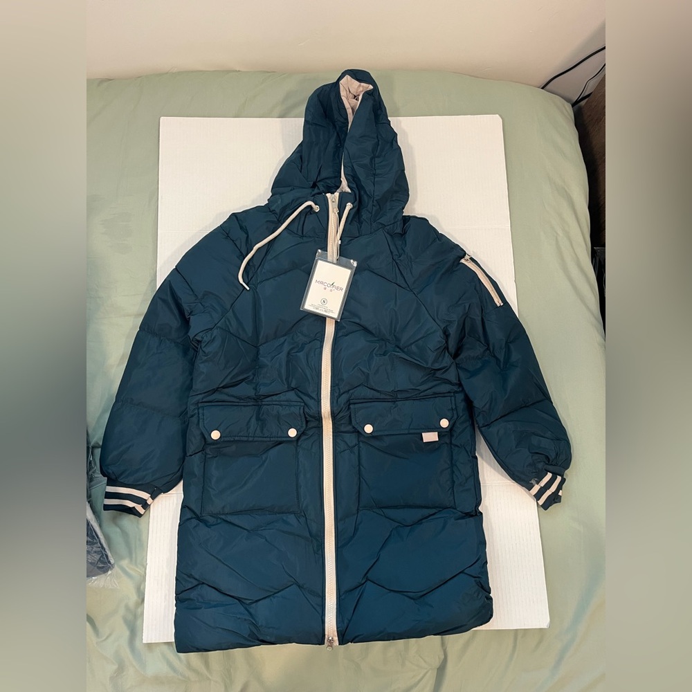 Women’s Blue and Tan Hooded Puffer Coat with Quilted Design
